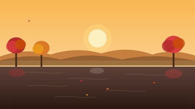 Autumn landscape animation video featuring flowing water and colorful trees under sunset sky motion graphics clip