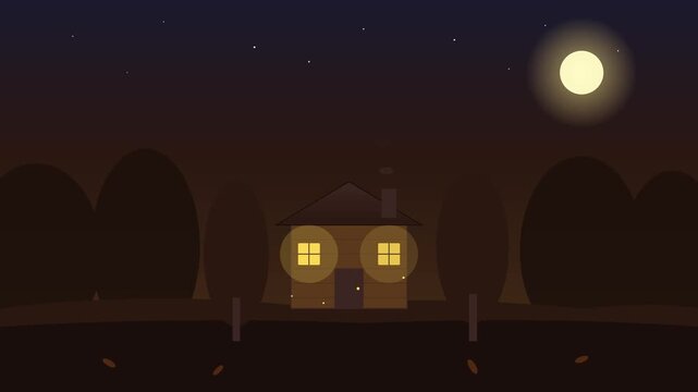 Cozy wooden cottage glowing warmly under a bright full moon in peaceful digital animation video footage