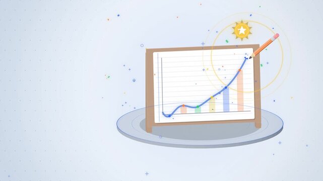 Pencil drawing a rising growth curve on paper board with star badge
