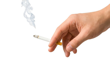Human hand holding a smoking cigarette isolated on transparent background © HAWYA