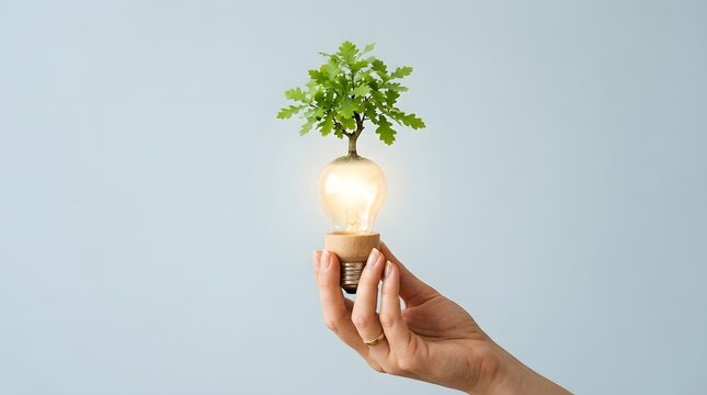 A person s hand gently grips an illuminated incandescent bulb that has a miniature oak like plant sprouting from its glass enclosure  set against a soft blue gray backdrop