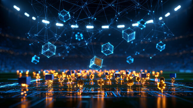 Sports tokenization background with digital sports tokens and blockchain nodes, fan tokens, athlete tokens, sports collectibles, tokenized memberships, blockchain sports