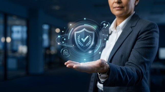 An individual wearing business clothing presents a translucent holographic shield emblem featuring a tick mark  surrounded by circular interface elements