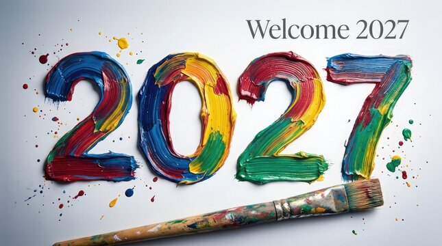 Colorful paint brushstrokes form the numbers two zero two seven new year