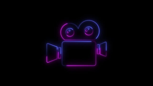 Neon glowing video camera icon representing cinematography and movie production concepts
