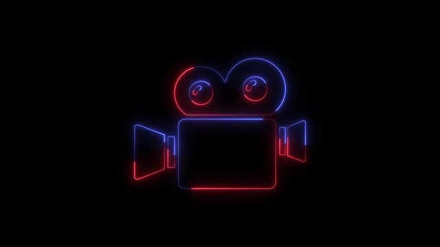 Neon glowing video camera icon outline illustration in vibrant red and blue colors
