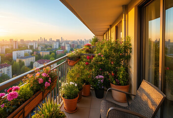 Fototapeta premium Urban living and city lifestyle, balcony garden with flowers overlooking a metropolitan skyline at sunset for relaxation and home wellness atmosphere