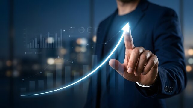 An individual wearing formal attire touches a bright  curved line graph that ascends into an arrow shape  overlaid on semi transparent bar graphs and data points