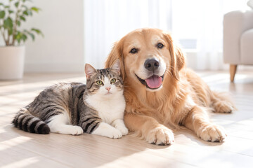 Naklejka na ściany i meble Golden retriever resting beside a tabby cat at home