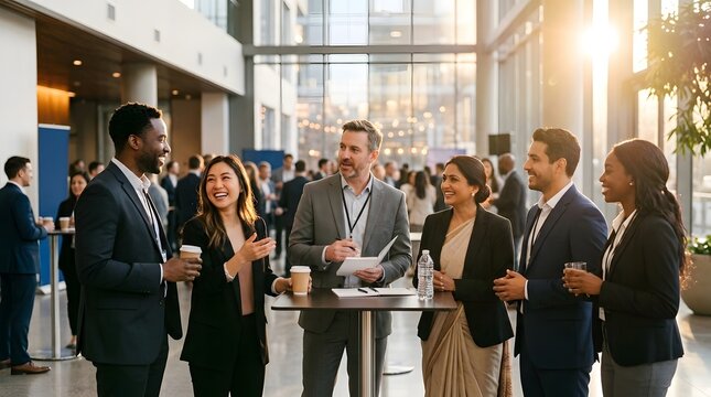 Several people dressed in formal business clothing stand near a table  holding drinks and engaging in conversation under natural light from tall glass inside a modern building