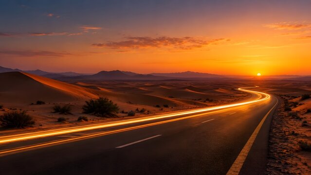 Winding desert highway with light trails during vibrant sunset with distant mountains and sand dunes