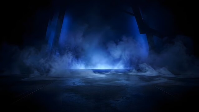 Blue lit mist swirls across a damp concrete surface under towering structures  creating a moody  mysterious ambiance in what appears to be an abandoned or industrial space