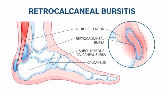 Medical illustration of retrocalcaneal bursitis in the human foot