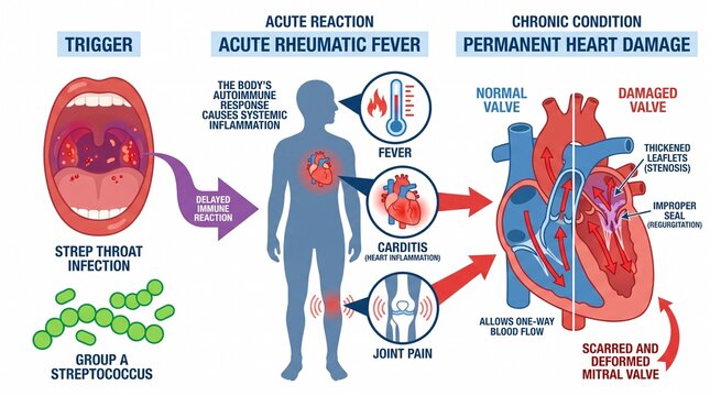 Medical infographic showing rheumatic fever progression and heart damage