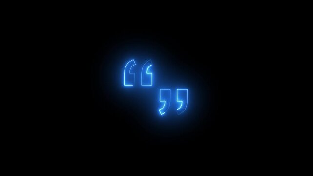 blue neon double quotation marks icon on black background,