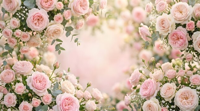 An elegant composition of pastel pink roses  baby s breath  and eucalyptus leaves arranged in an arched frame against a dreamy  softly lit backdrop
