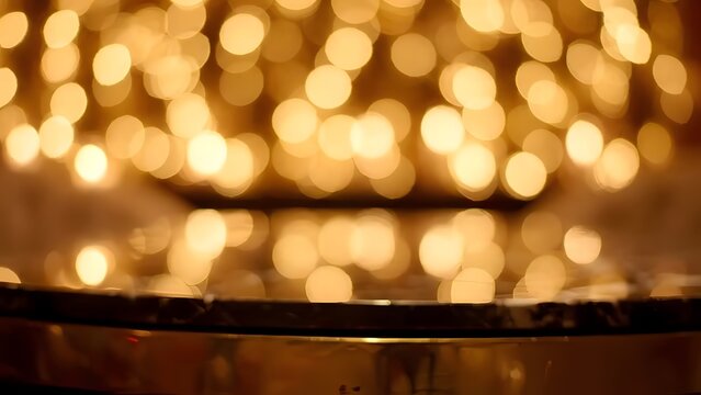 Golden circular light reflections appear blurred and scattered across a reflective surface  suggesting festive or decorative lighting indoors