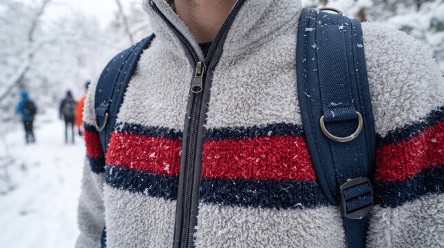 Snowy striped fleece jacket with backpack straps