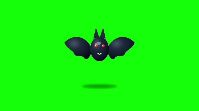 Cute black vampire bat cartoon character flapping wings in animated loop video footage with bright green background