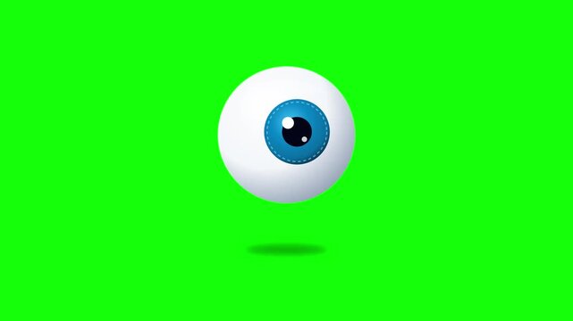 Animated blue eyeball floating with soft drop shadow against vibrant green screen background motion video footage