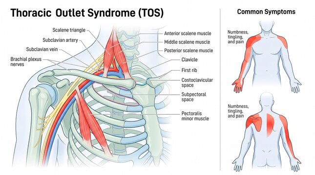 Thoracic outlet syndrome medical infographic with anatomical labels