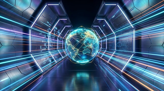 In a high tech tunnel lined with illuminated panels displaying code and geometric patterns  a translucent blue Earth is surrounded by dynamic light trails