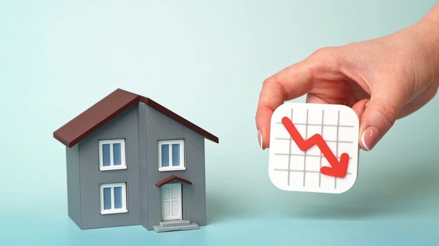 Fall in housing prices. Symbol of real estate market decline, mortgages, property devaluation, economic crisis, investments, banking and financial risks.