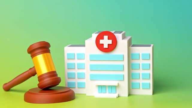 Hospital and judge's gavel. Court decision. Court case. Damage compensation, insurance claims and disputes involving healthcare liability and legal responsibility.