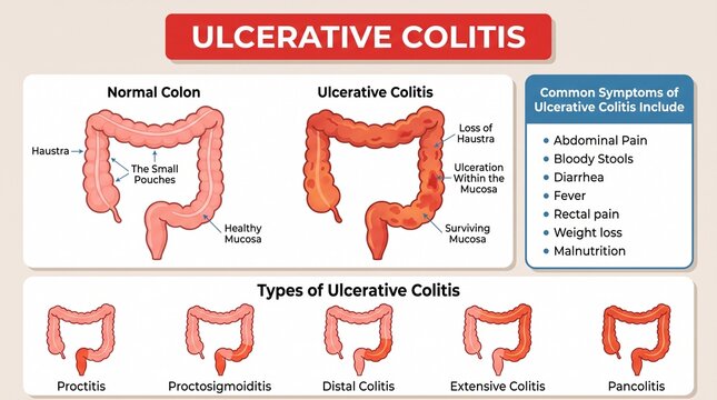 Ulcerative colitis medical diagram comparing normal and diseased colon