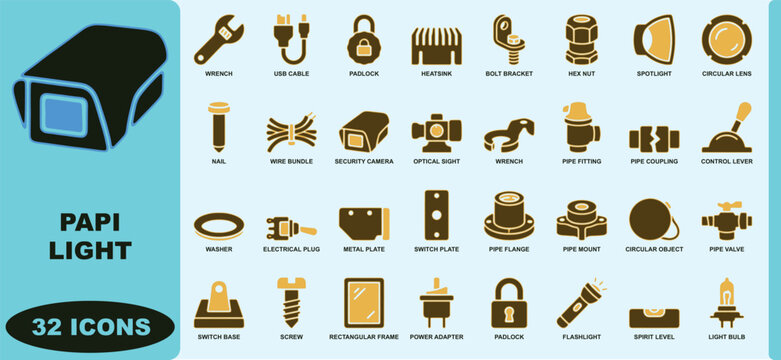 Collection of 32 papi light and technical hardware featuring electrical components, fasteners, and optical equipment in a flat style on a light blue background, for aviation and repair