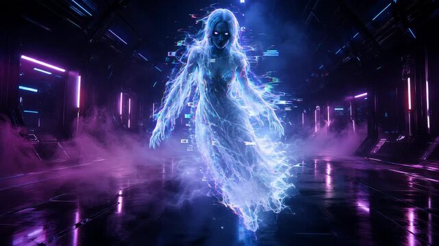 Ghostly apparition advances through a futuristic neon corridor. Halloween haunting and supernatural horror. Sci-fi passageway, spectral presence and digital fantasy.