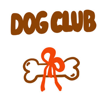Dog Club hand drawn lettering with dog bone and orange bow on white background