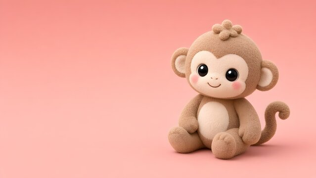 Cute pastel plush monkey toy, Chinese zodiac Year of the Monkey, copy space