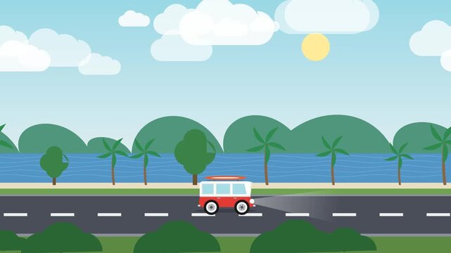 Seamless loop animation of a vintage camper van driving along a beautiful coastal highway with ocean, islands, and palm trees in flat vector style.