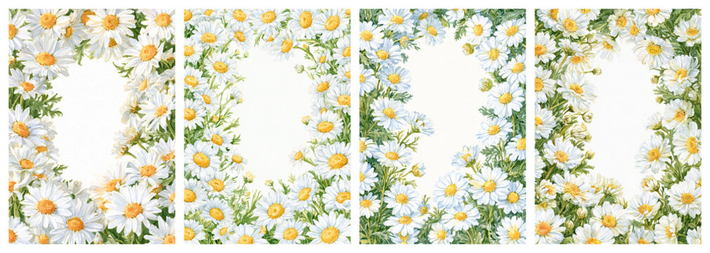 Set of four watercolor floral frame borders of white daisy flowers with yellow centers, large empty white copy space in center for text or photo