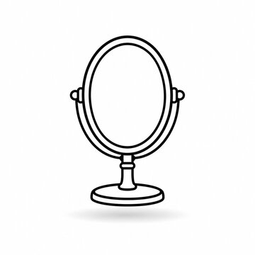 Minimal black line art oval vanity mirror icon floating over soft shadow on white background