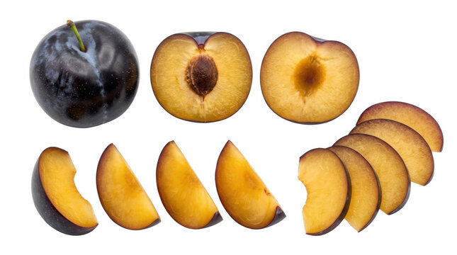 A fresh black plum and its sliced pieces showcasing the vibrant yellow flesh and dark skin, arranged aesthetically against a black background to emphasize their natural beauty