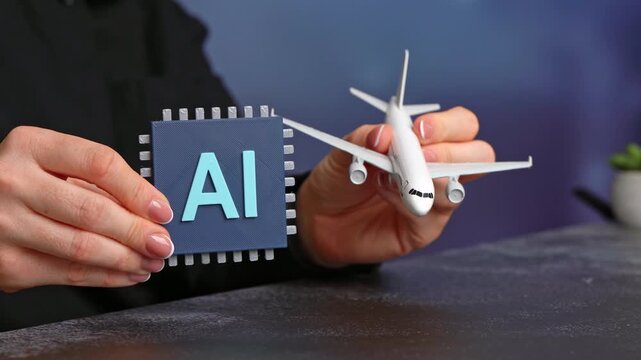 Implementation of AI in aviation and flight management. Modern aviation technology integrates artificial intelligence to optimize flight routes, enhance safety. Airplane and AI microchip.