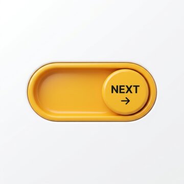 A 3d yellow plastic toggle switch with the word next and a right arrow inside, isolated on white background