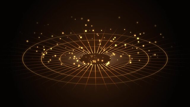 Glowing Golden Particles Floating Above A Dark Radial Grid Background Motion Graphics Animation