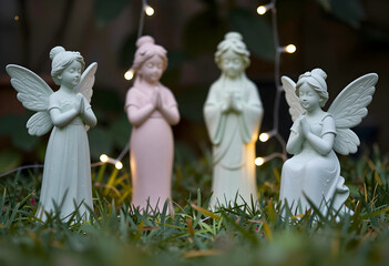 Fototapeta premium Spirituality and mindfulness group of angel figurines praying in a garden with soft fairy lights for peace hope and meditation in nature setting