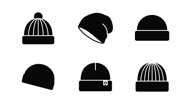 Black silhouette collection of winter beanies on a white background