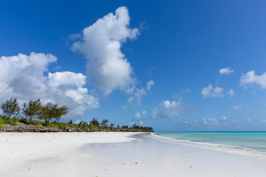 Empty white sand beach with turquoise shallow water and casuarina trees on a rocky coral shore under a deep blue sky with large white clouds on a sunny day, Matemwe, Tanzania