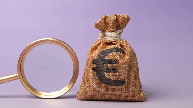 Euro money bag near magnifying glass. Investigating capital origins. Anti money laundering, tax evasion. Study terms and conditions on deposit or loan. Find investments