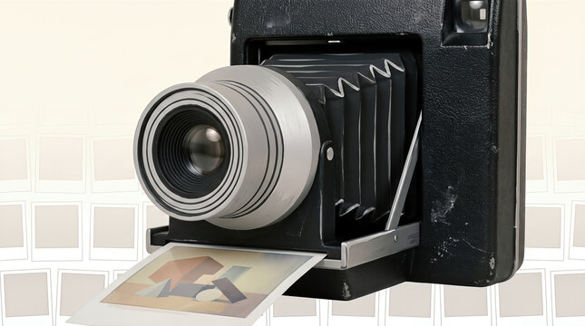 Vintage Instant Camera with Bellows Ejecting Geometric Still Life Photo