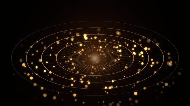 Gold Dust Particles Floating Over Circular Grid Lines Technology Background Animation for Presentatio