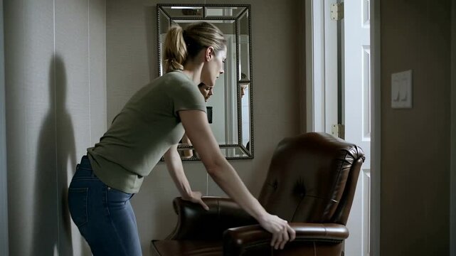 Entering hallway, woman in olive tee, jeans pulling leather armchair positioning near door, mirror