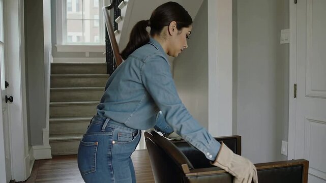 Entering woman in denim shirt and gloves gripping black chair, rotating in foyer changing direction