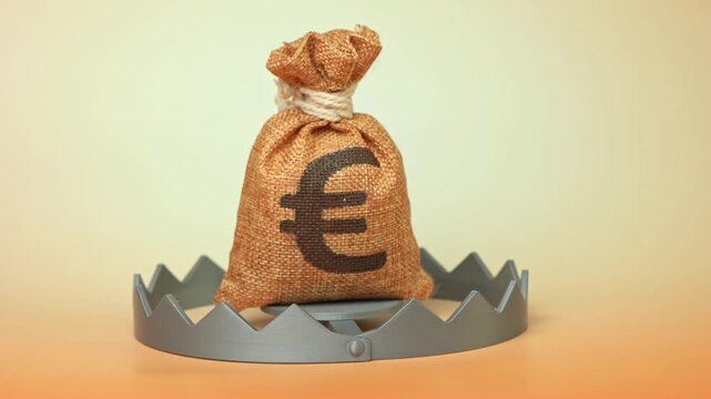 Euro money bag in a trap. Financial risks and unfavorable loan conditions. Debt burden, high interest rates and credit problems. Borrowing costs and financial pressure.