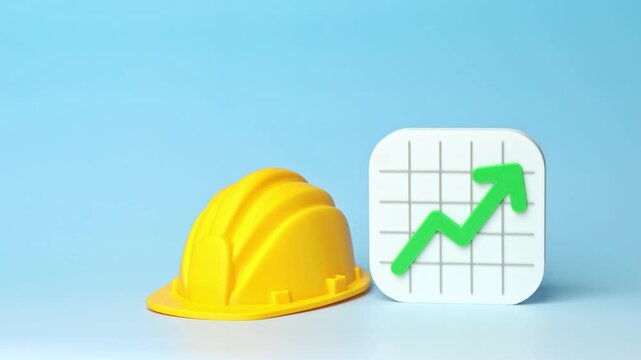 Growing chart and construction helmet. Faster construction activity, price increases and costs. Market growth, rise in investments and the building industry.